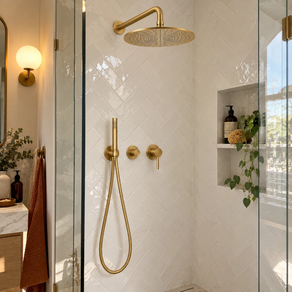 Petite salle de bain avec douche encastrée or brossé bras coudé
