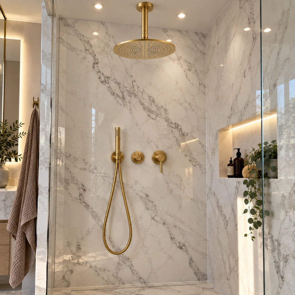 Douche marbre avec ciel de pluie or brossé fixation plafond