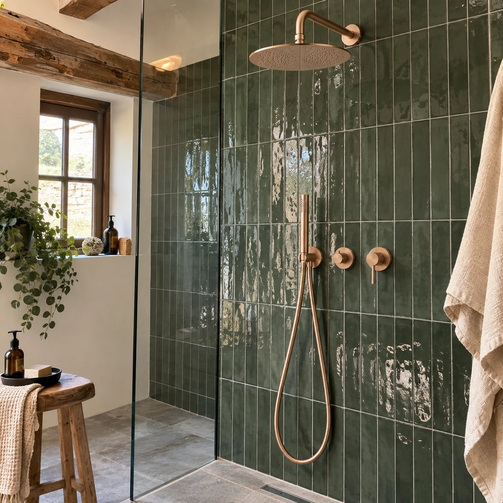 Douche de ferme rénovée en grès vert bouteille, colonne encastrée or rose brossé bras coudé