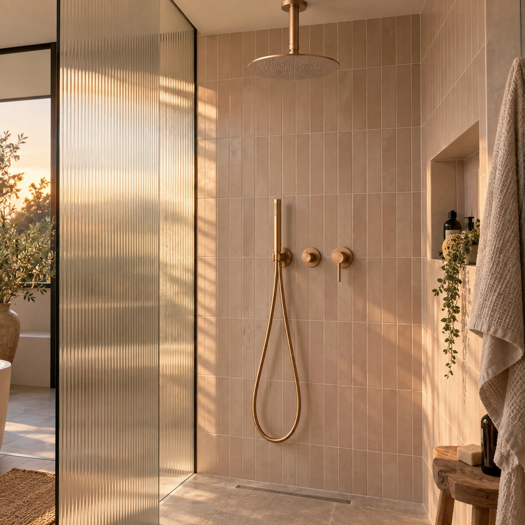 Douche beige rosé avec paroi cannelée, ciel de pluie or rose brossé au plafond