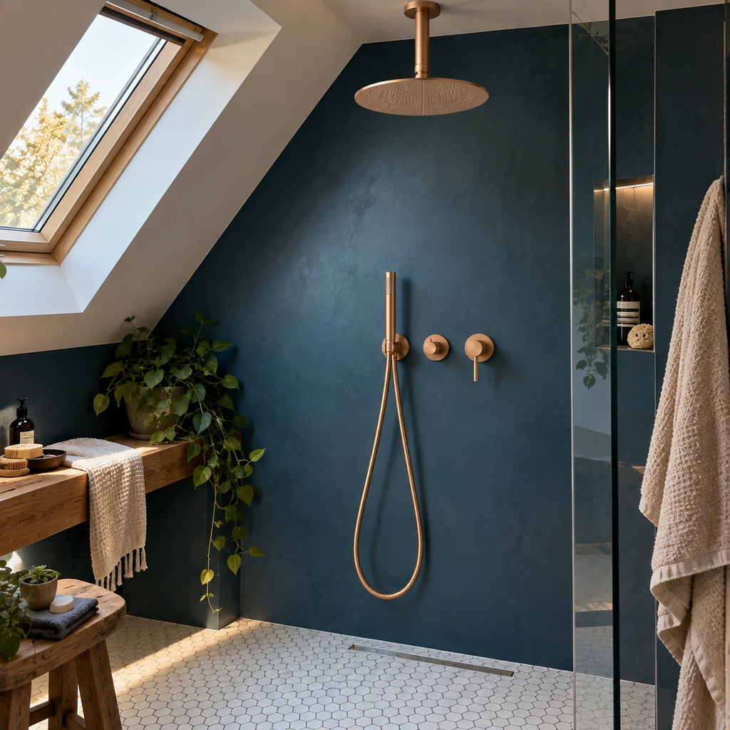 Douche sous pente bleu pétrole, ciel de pluie or rose brossé au plafond