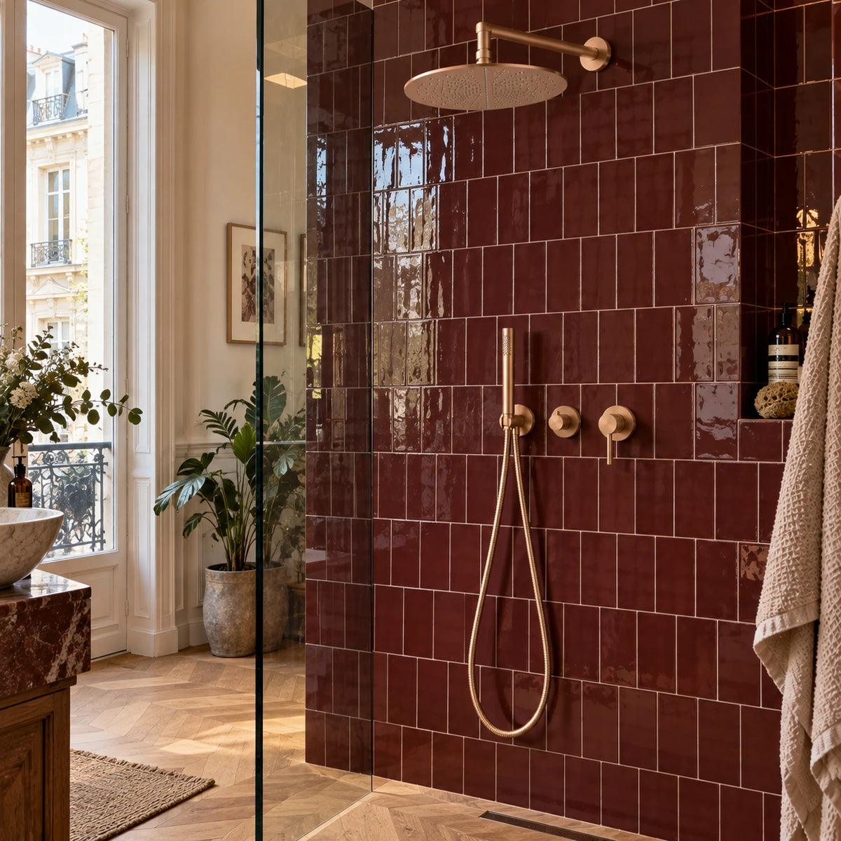 Douche en faïence bordeaux, colonne encastrée or rose brossé bras droit