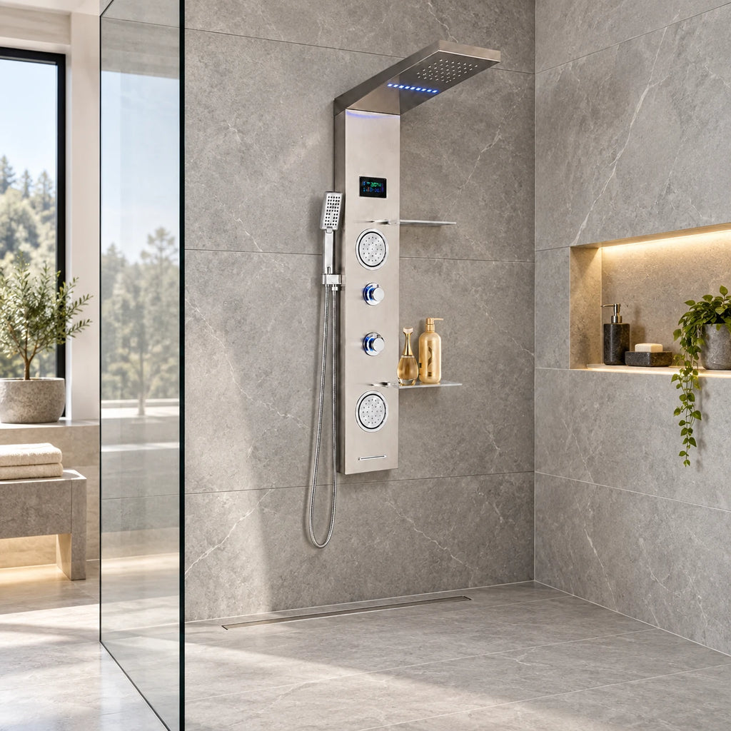 VELORA — Colonne de douche hydromassante digitale · Nickel brossé — mise en situation Olverton