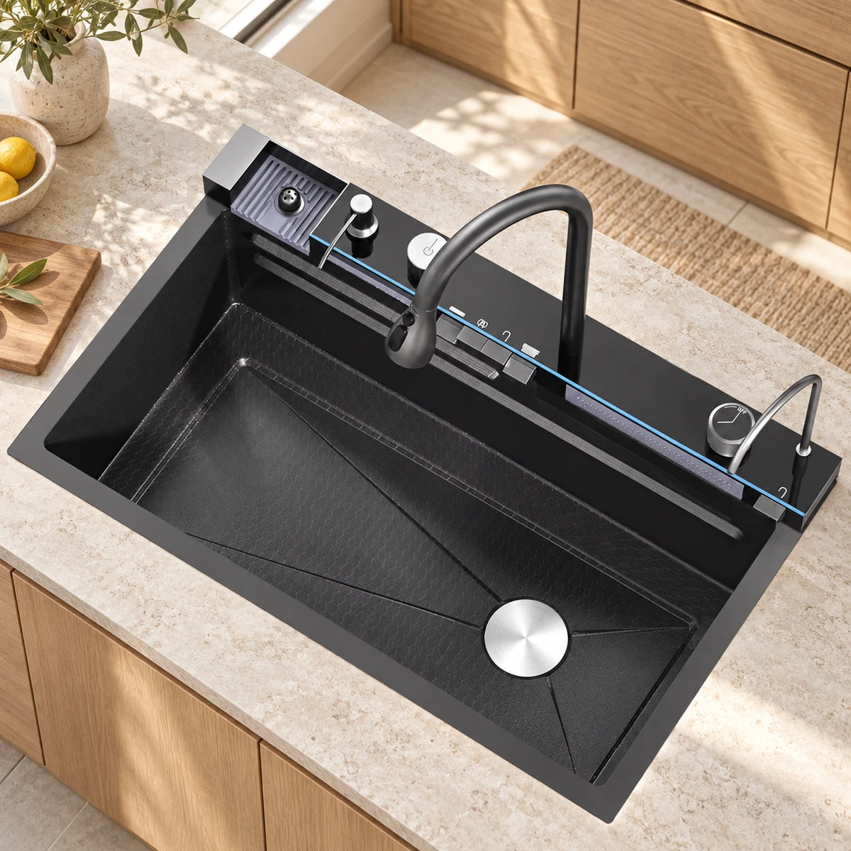NEREO — Évier de cuisine multifonction noir 1 bac 75 cm – inox 304 — mise en situation Olverton