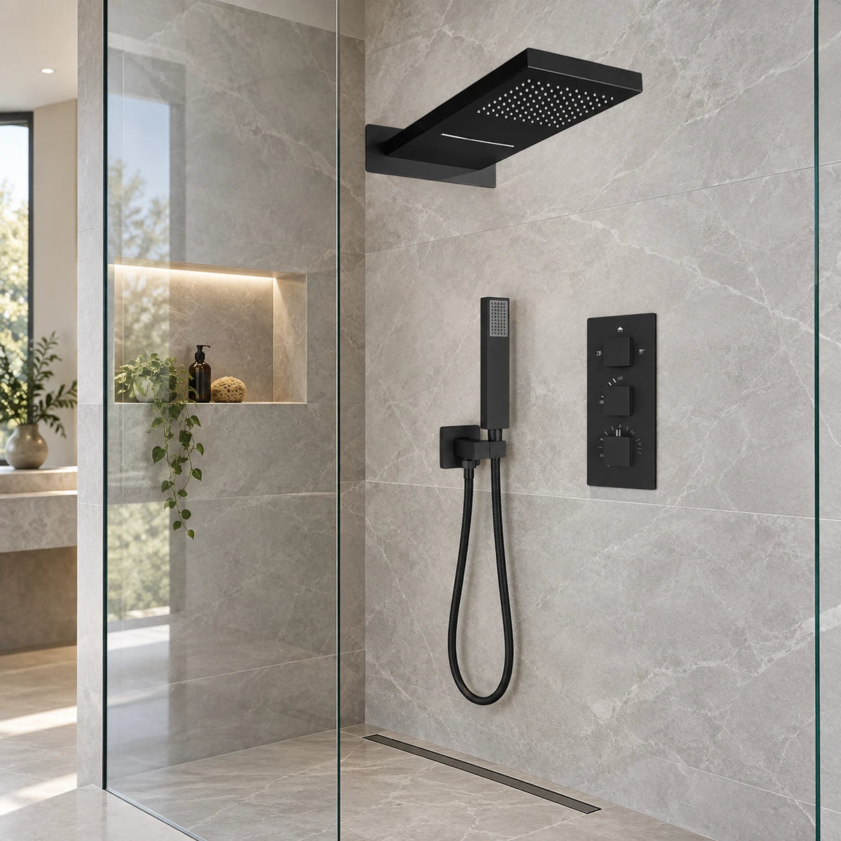 QUADRA — Colonne de douche encastrable noir mat — mise en situation Olverton