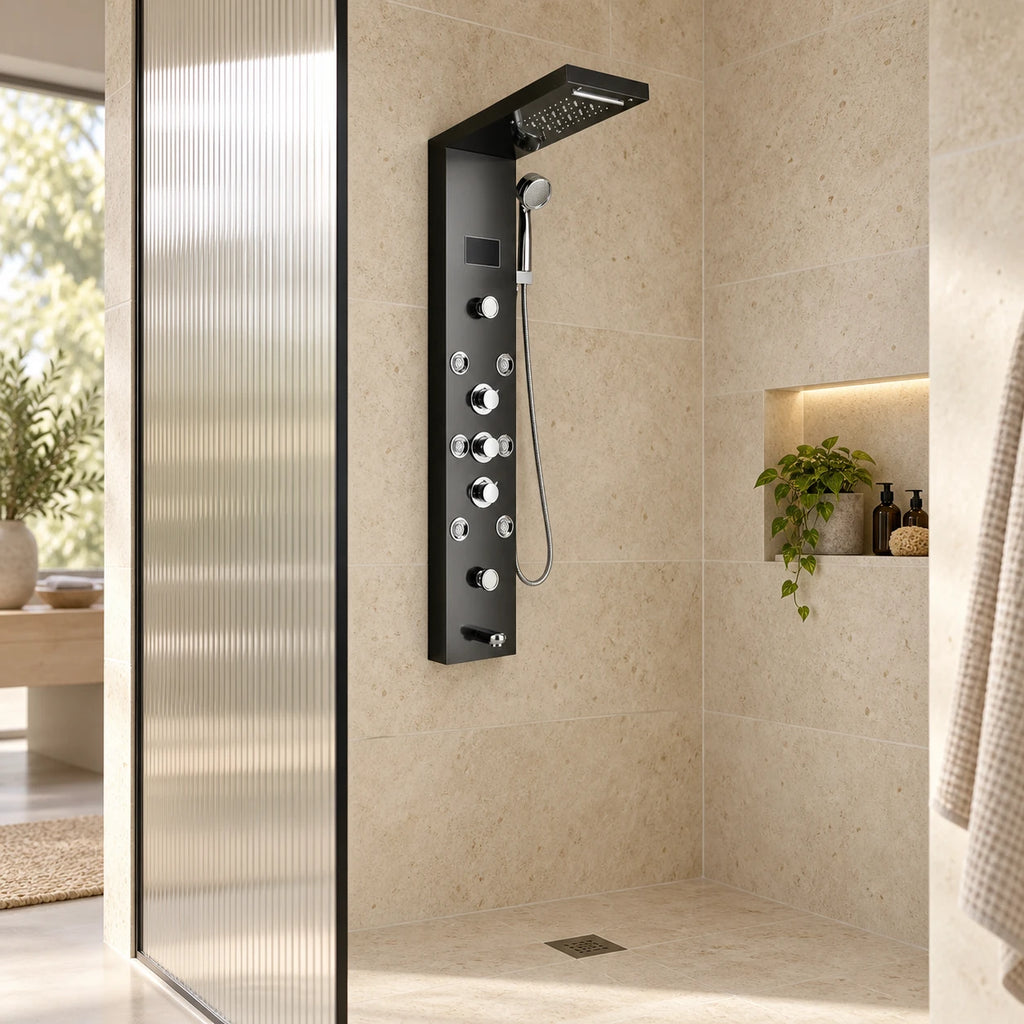 VESTRA — Colonne de douche hydromassante noir à affichage digital — mise en situation Olverton