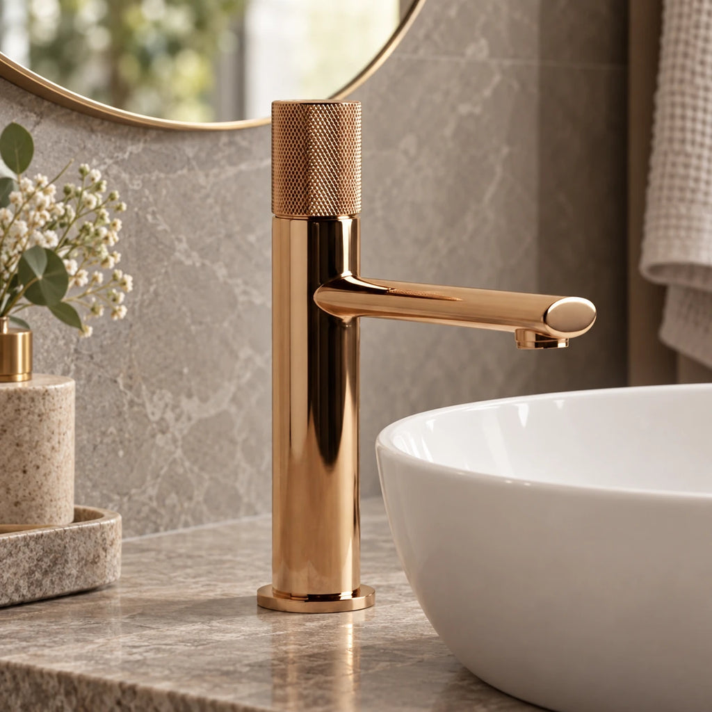 STRIA — Robinet de salle de bain en laiton or rose brossé — mise en situation Olverton