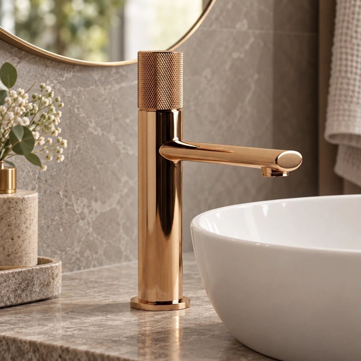 STRIA — Robinet de salle de bain en laiton or rose brossé — mise en situation Olverton