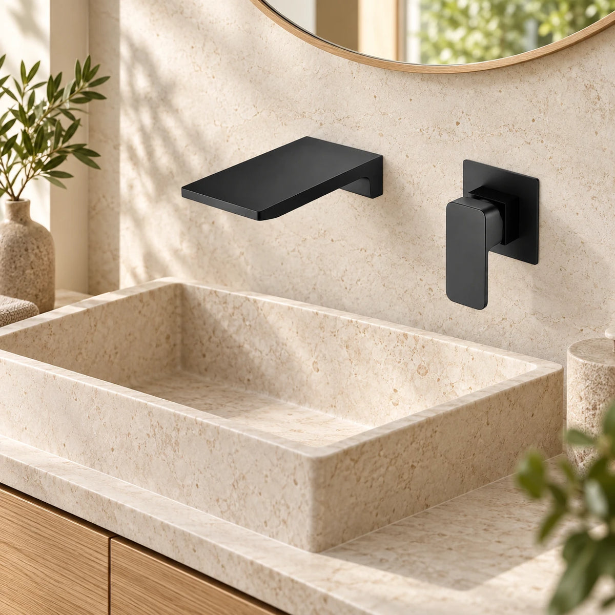 LARGO — Robinet mural cascade noir mat — mise en situation Olverton