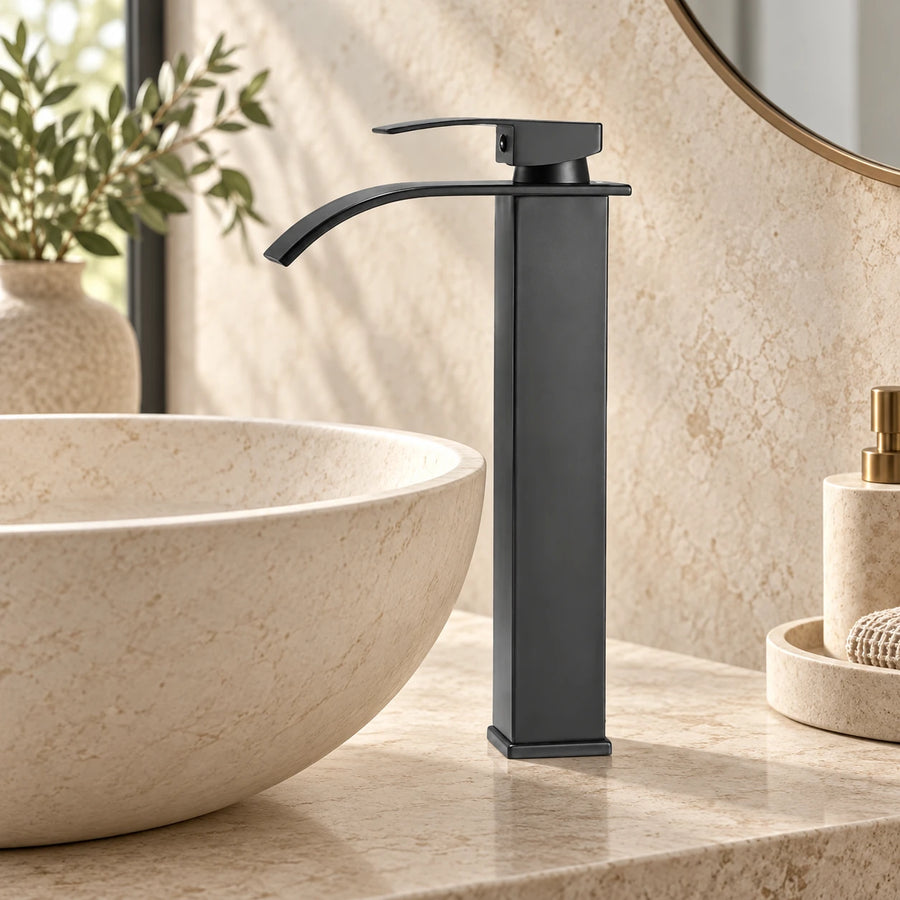FONTE — Robinet de salle de bain cascade noir mat long