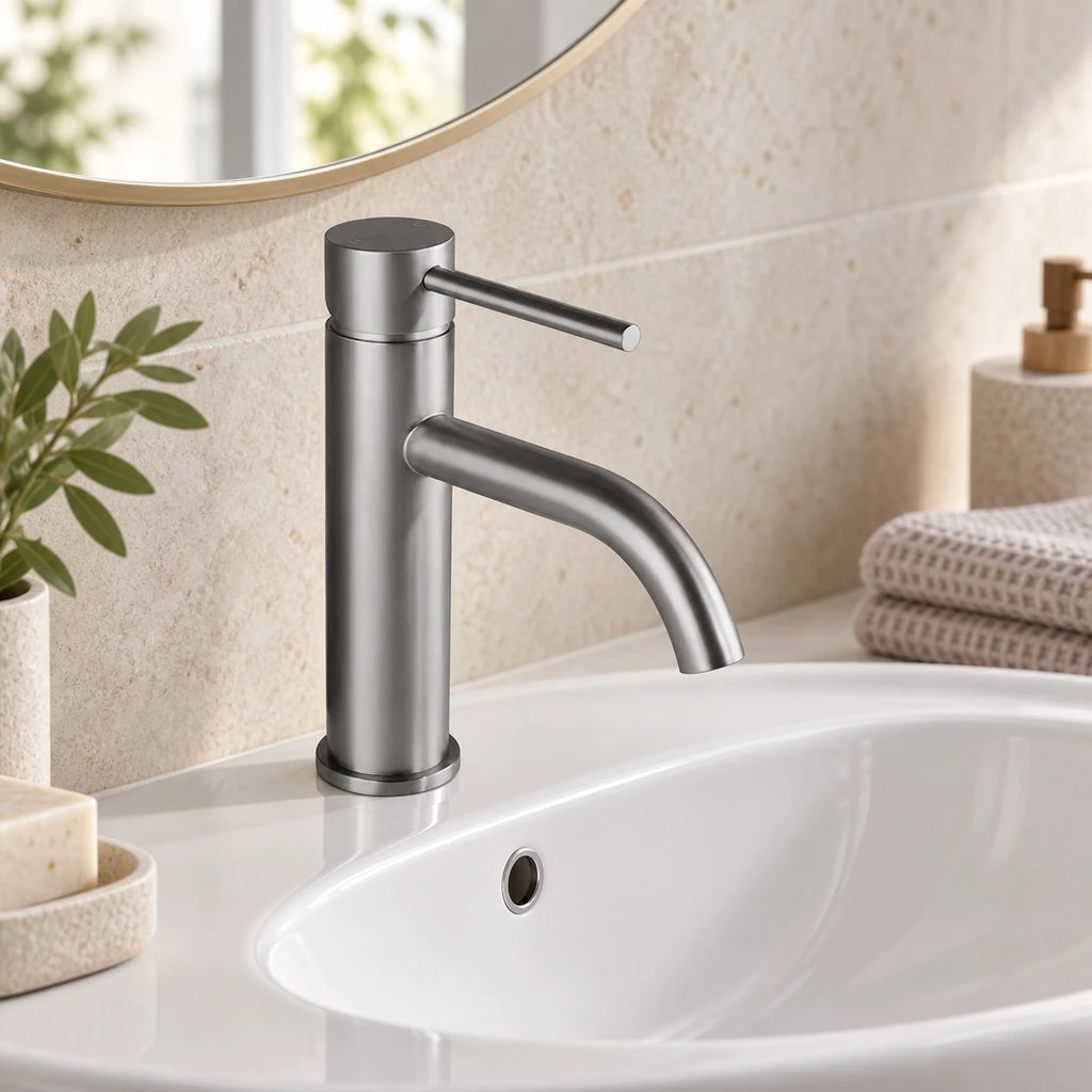 TILIO — Robinet de salle de bain gris brossé — mise en situation Olverton