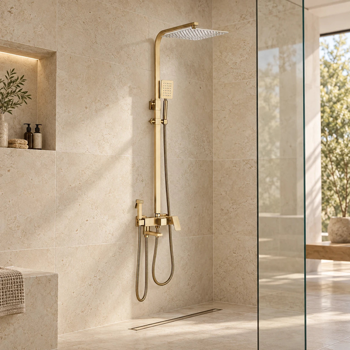 QUARO — Colonne de douche or brossé — mise en situation Olverton