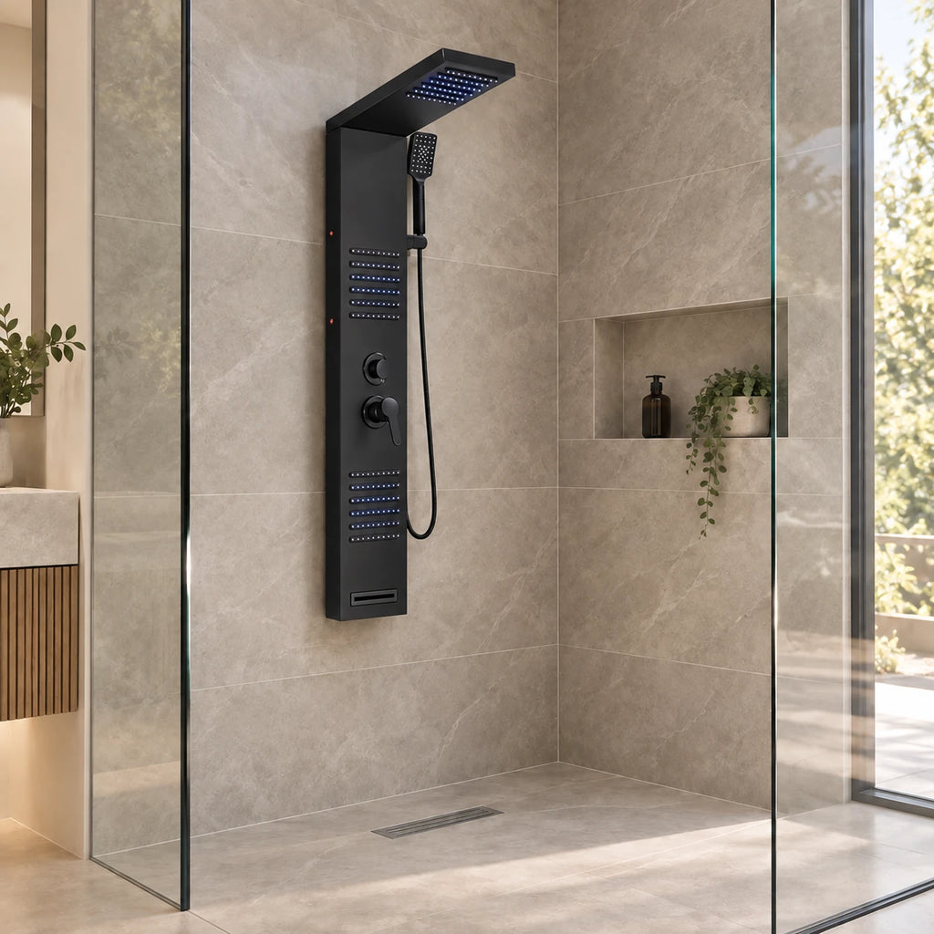 VAREN LUX — Colonne de douche hydromassante noir — mise en situation Olverton