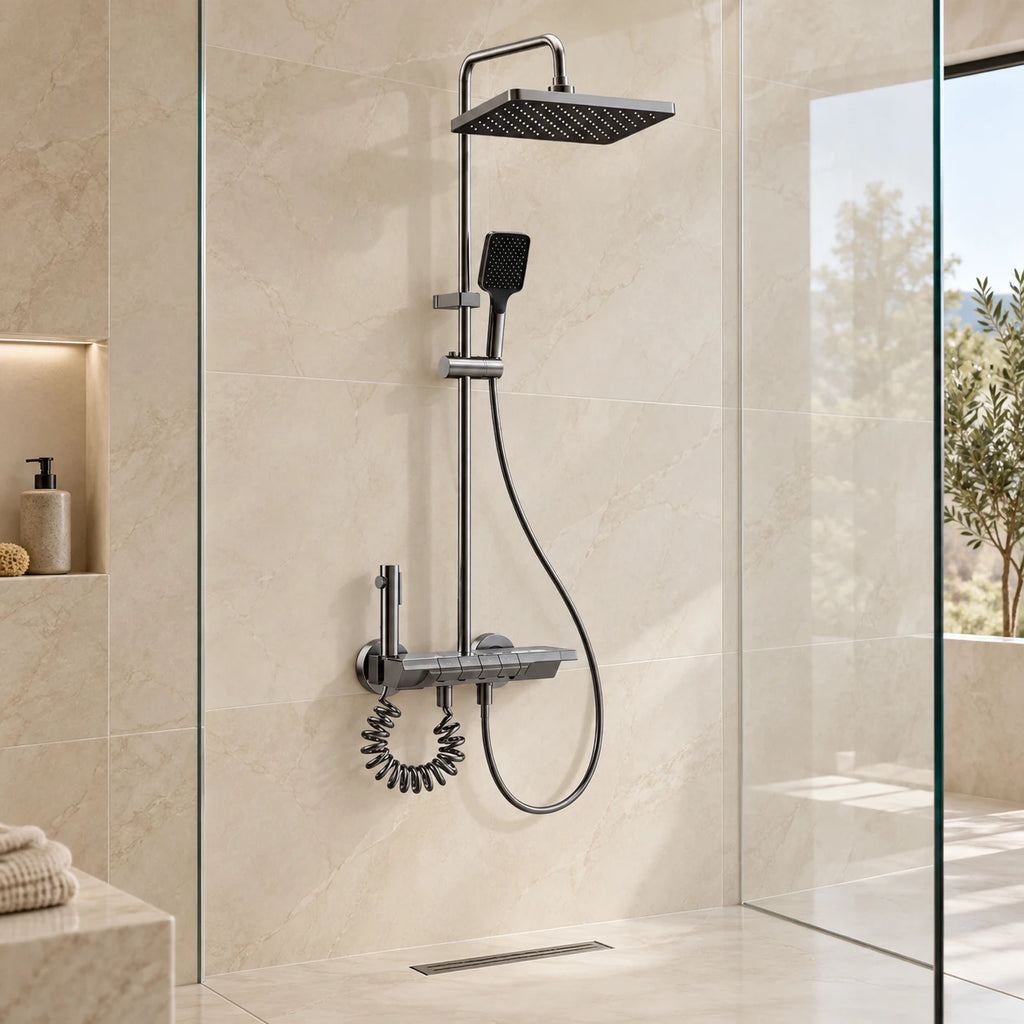 SOREN DIGITAL — Colonne de douche thermostatique gris brossé à affichage digital — mise en situation Olverton