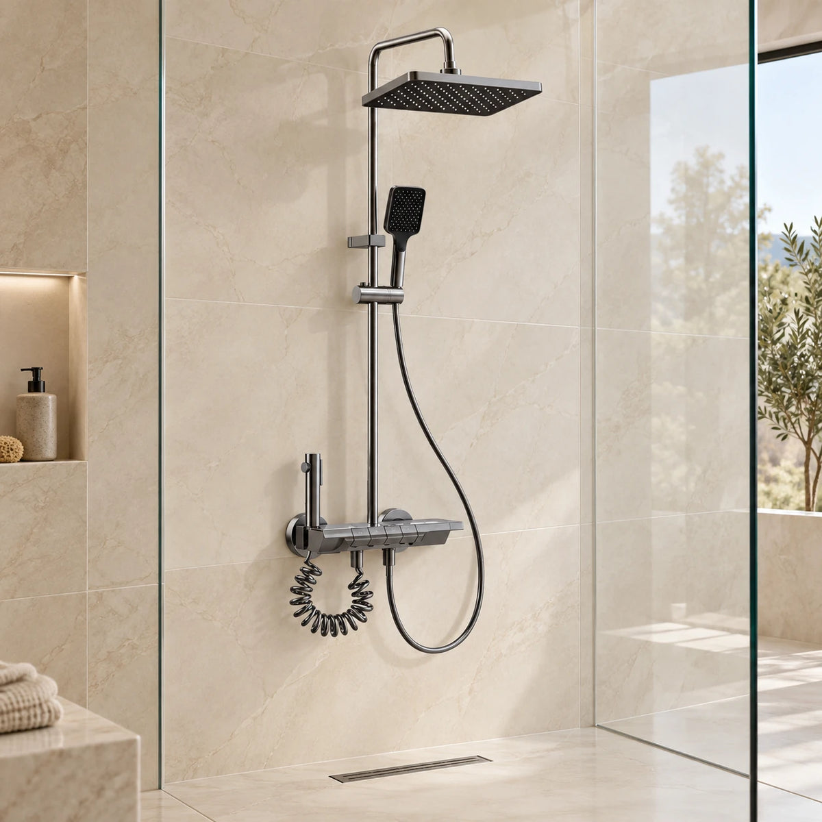 SOREN DIGITAL — Colonne de douche thermostatique gris brossé à affichage digital — mise en situation Olverton