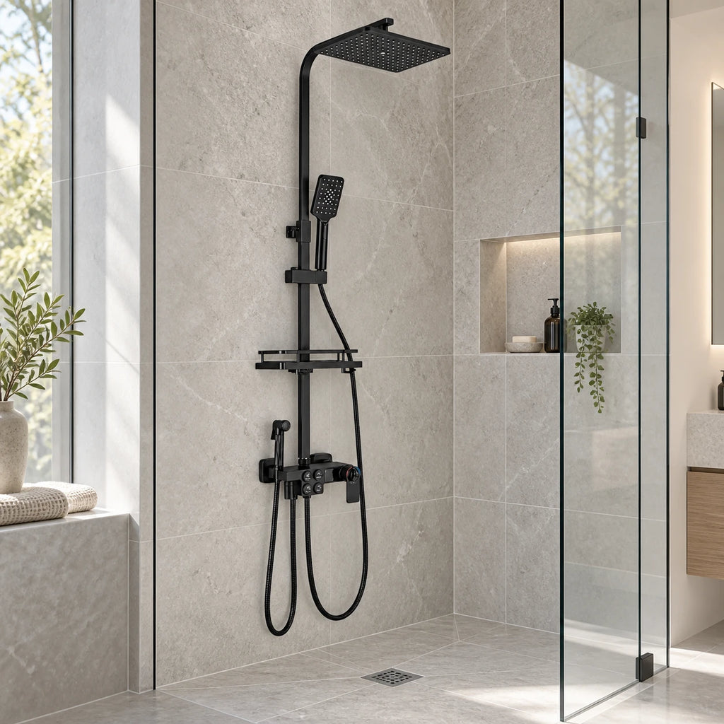 NOVERA — Colonne de douche thermostatique noir mat avec affichage digital — mise en situation Olverton