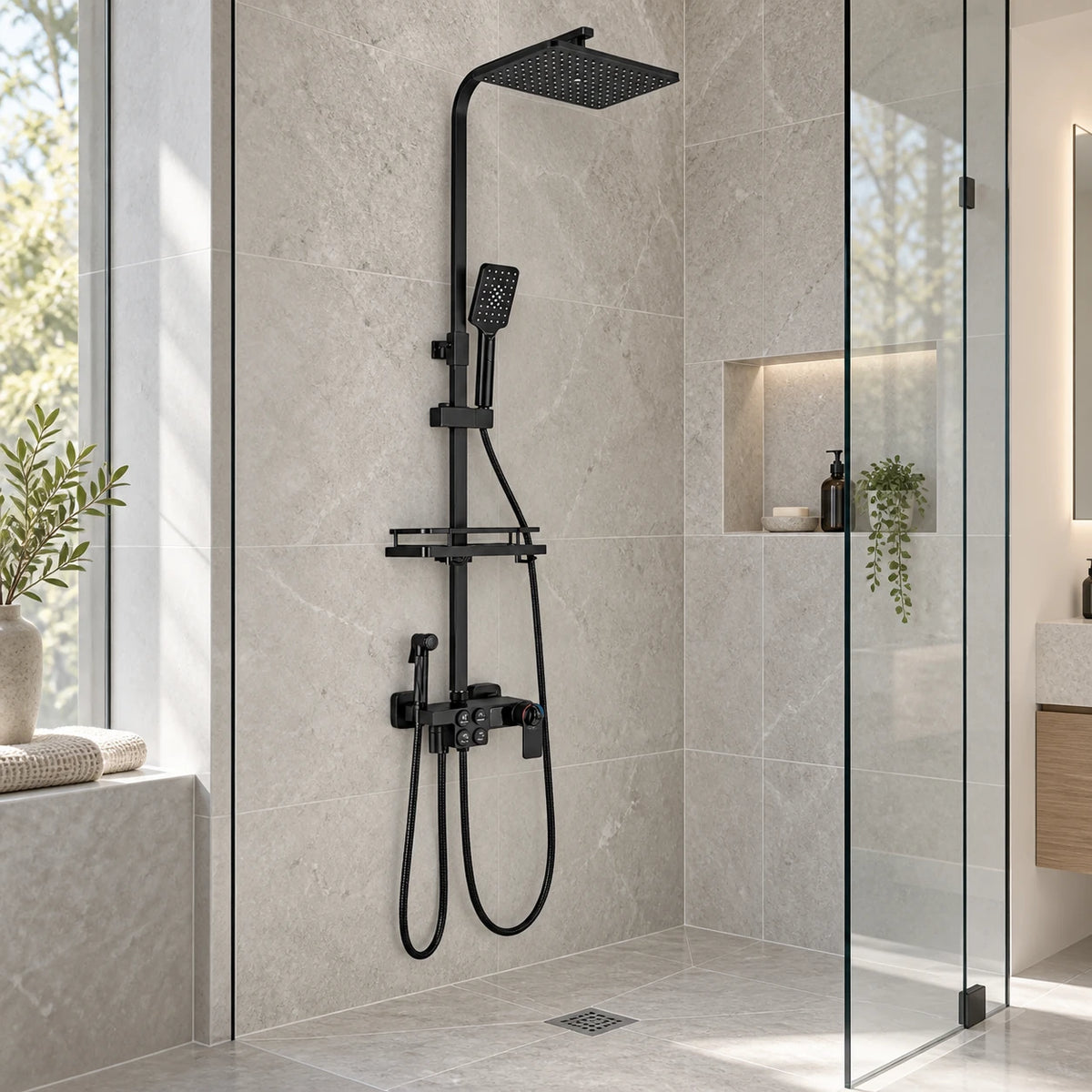 NOVERA — Colonne de douche thermostatique noir mat avec affichage digital — mise en situation Olverton