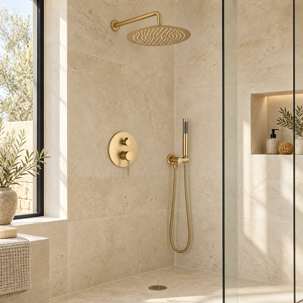 ORIO GRAND — Colonne de douche encastrable or brossé — mise en situation Olverton