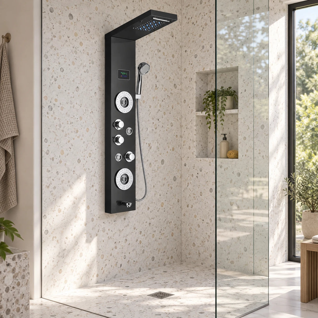 VESTRA PLUS — Colonne de douche hydromassante noire à affichage digital — mise en situation Olverton