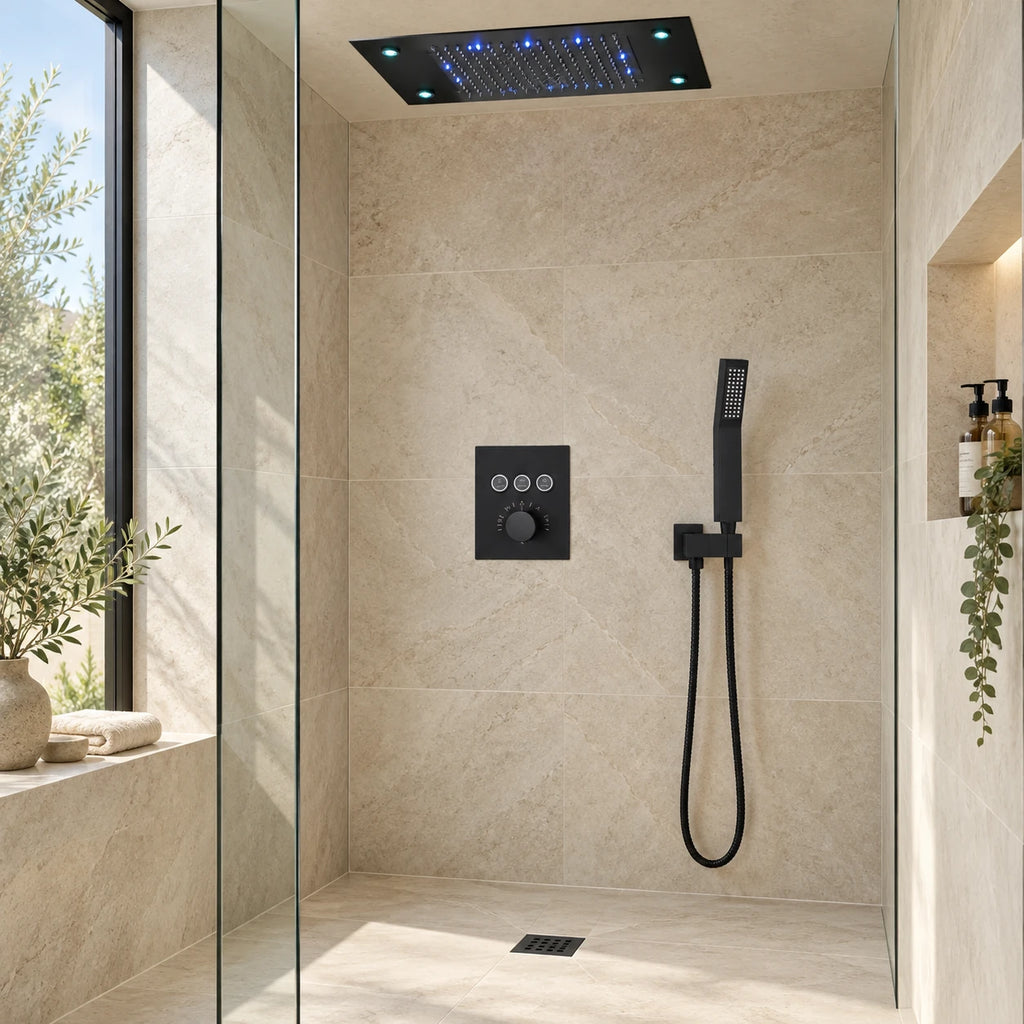 CELEO — Colonne de douche encastrable noir mat — mise en situation Olverton