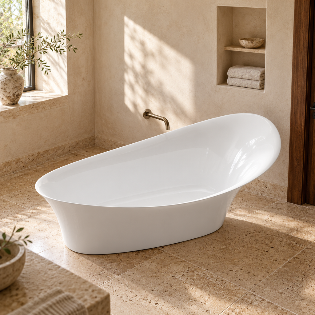 Baignoire îlot Olverton ALICE I blanc — vue plongeante en ambiance minérale
