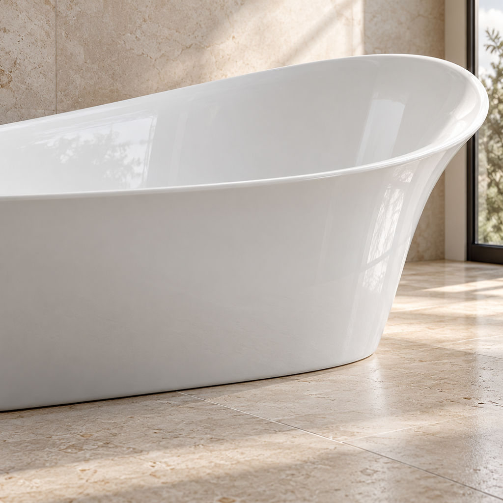 Baignoire îlot Olverton ALICE I blanc — détail de la courbe et de la base
