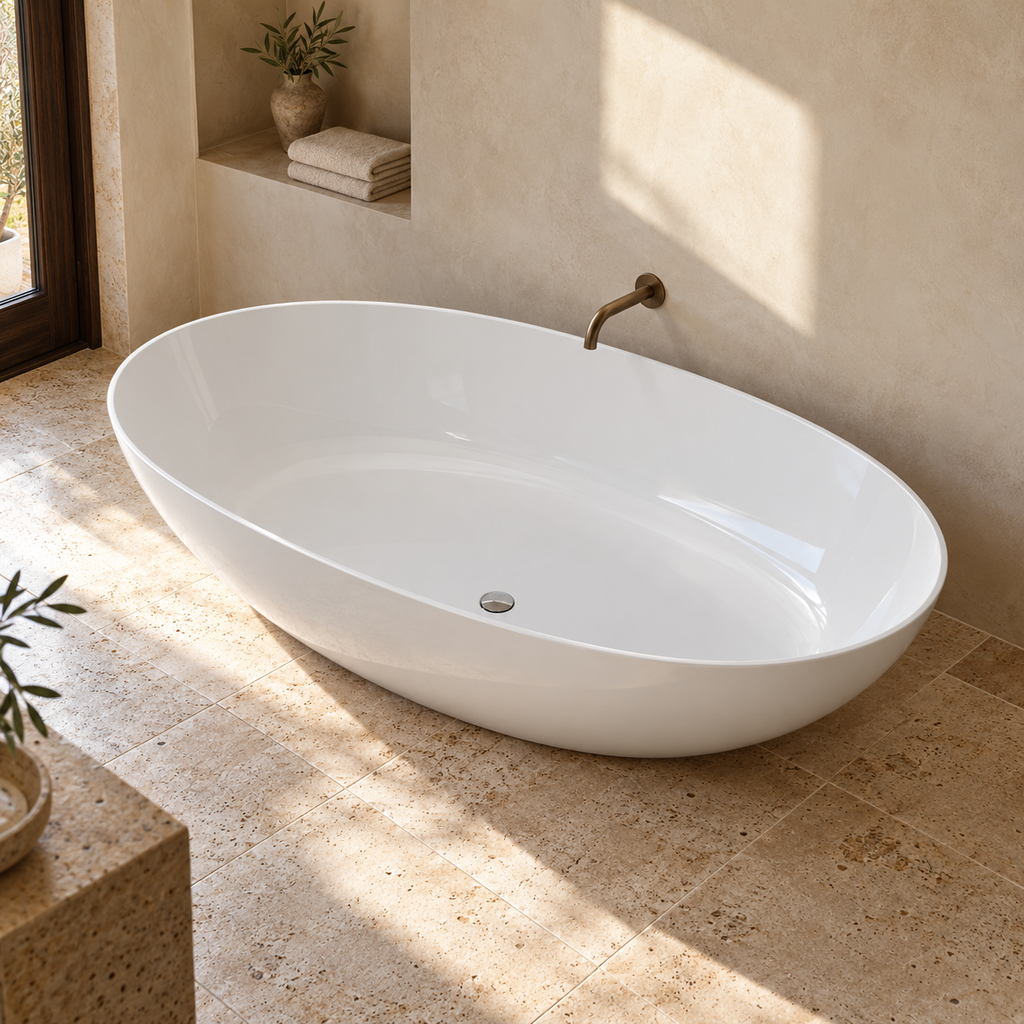Baignoire îlot Olverton BECA blanc — vue plongeante en ambiance minérale