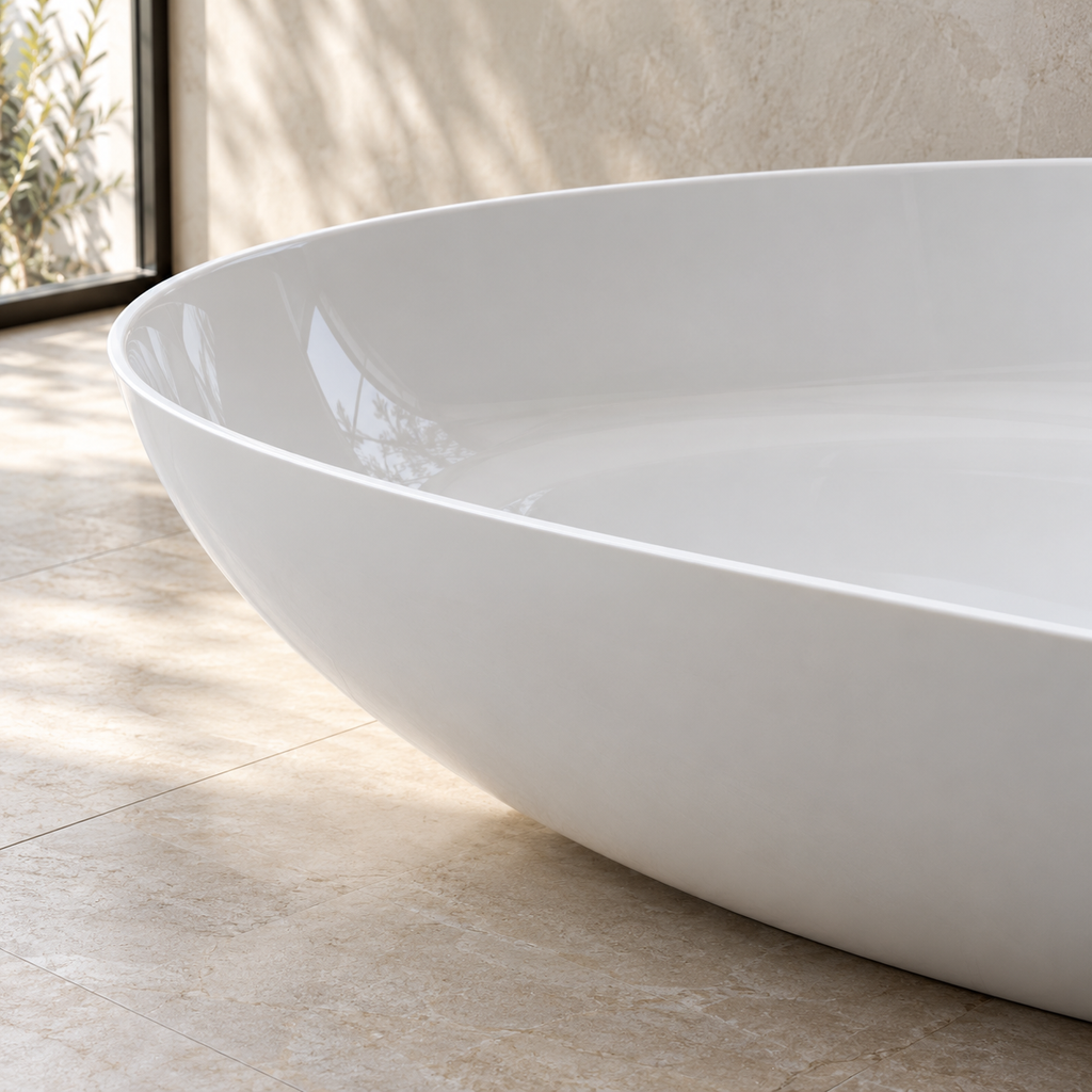 Baignoire îlot Olverton BECA blanc — détail du rebord et de la finition