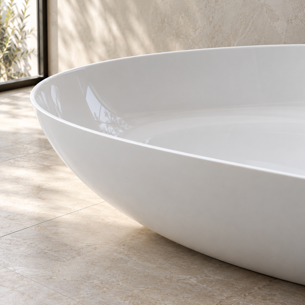 Baignoire îlot Olverton BECA blanc — détail du rebord et de la finition