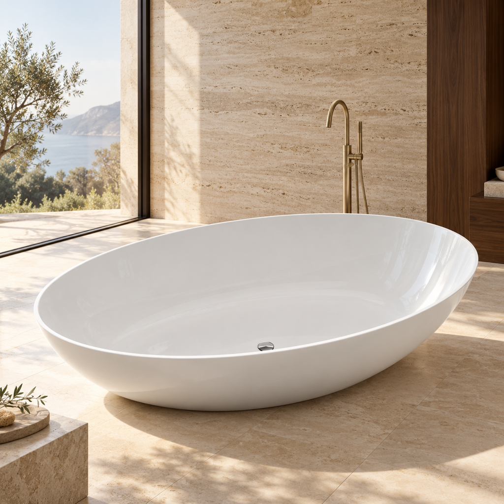 Baignoire îlot BECA en MINERALICAST — mise en ambiance Olverton, robinetterie vendue séparément