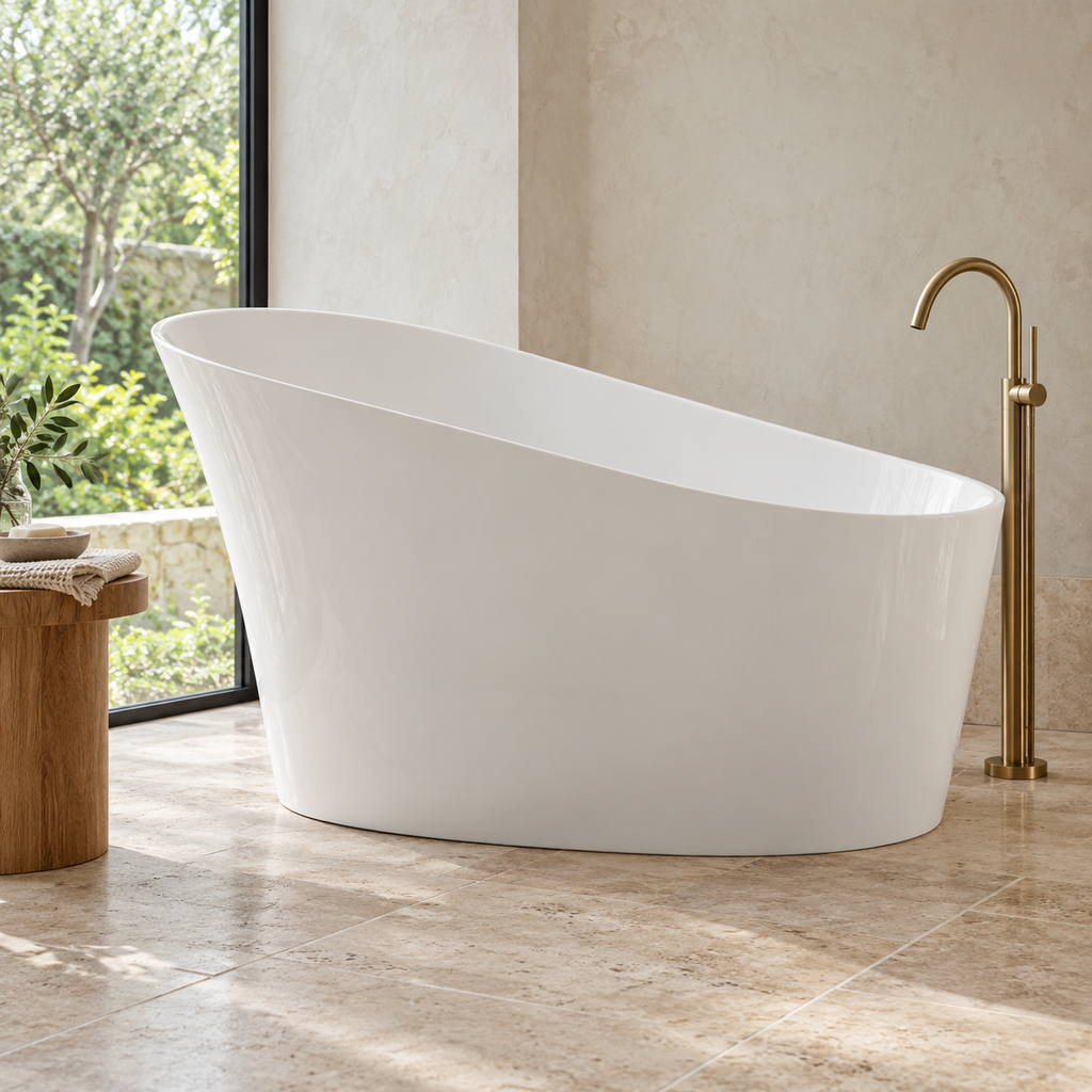 Baignoire îlot Olverton BIWA blanc — profil dans une salle de bain côté jardin