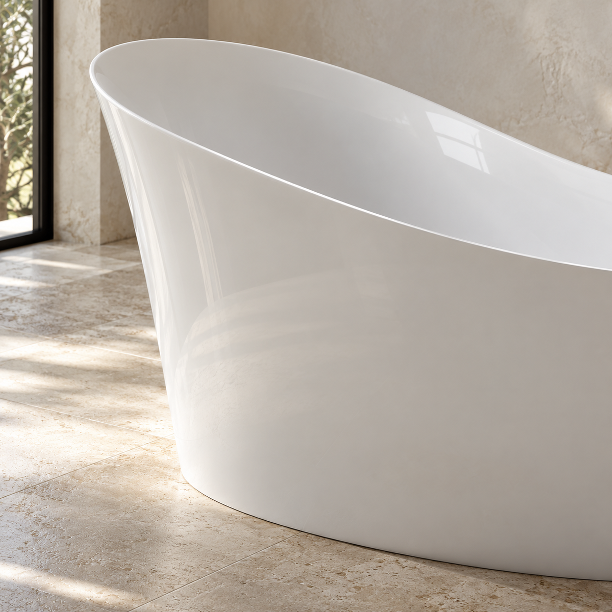 Baignoire îlot Olverton BIWA blanc — détail du rebord et de la finition