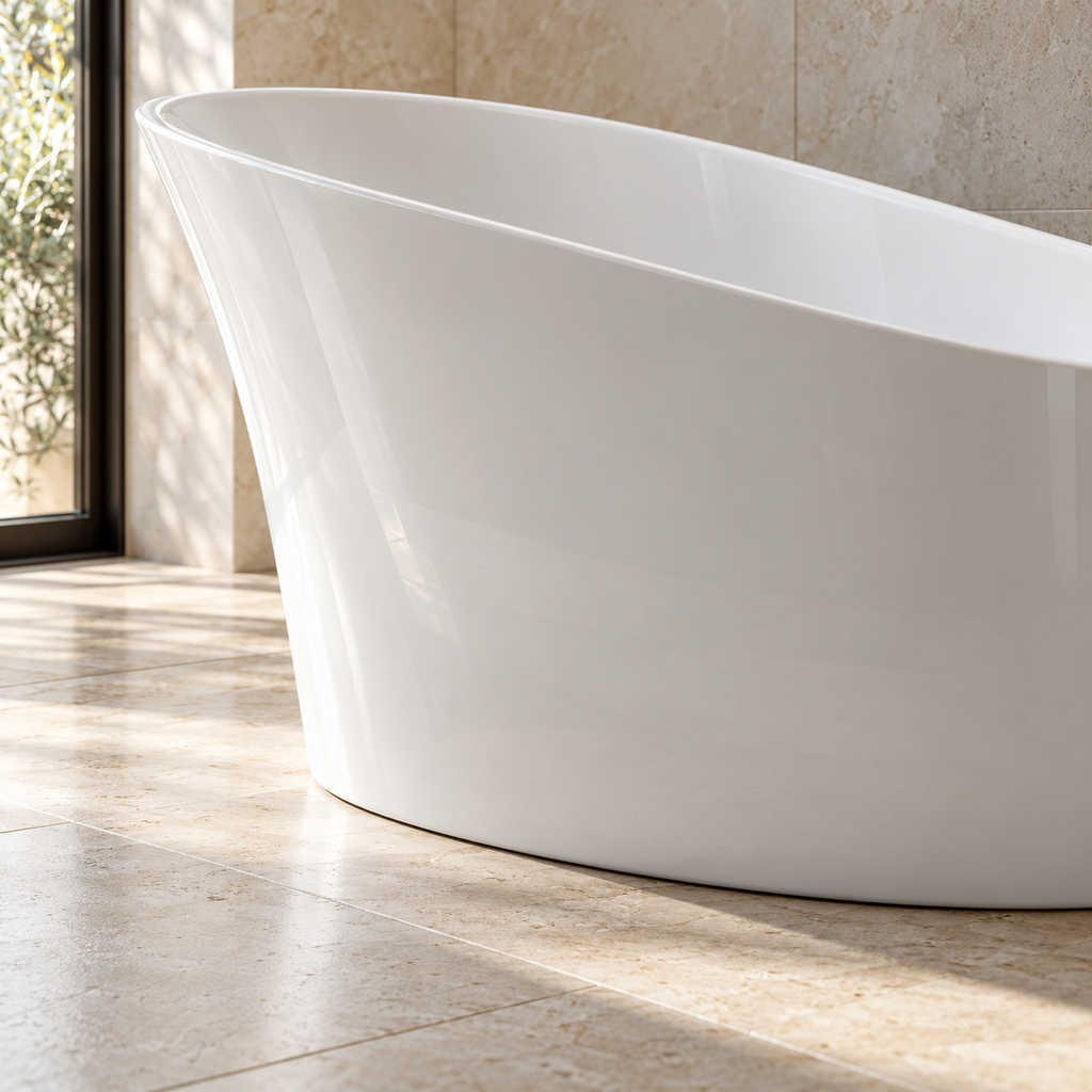 Baignoire îlot Olverton BIWA blanc — détail de la courbe et de la base