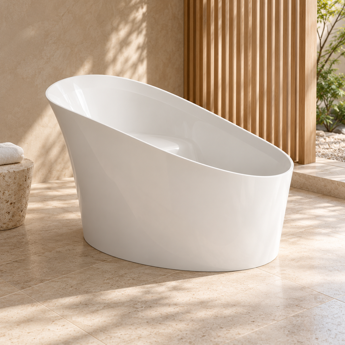 Baignoire îlot BIWA Olverton — mise en scène dans une salle de bain en pierre claire