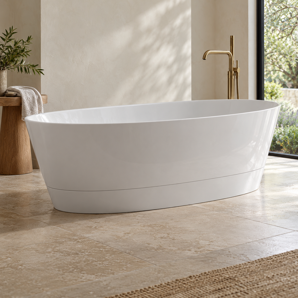 Baignoire îlot Olverton DUO II blanc — profil dans une salle de bain côté jardin #Cuve blanche / panneau blanc