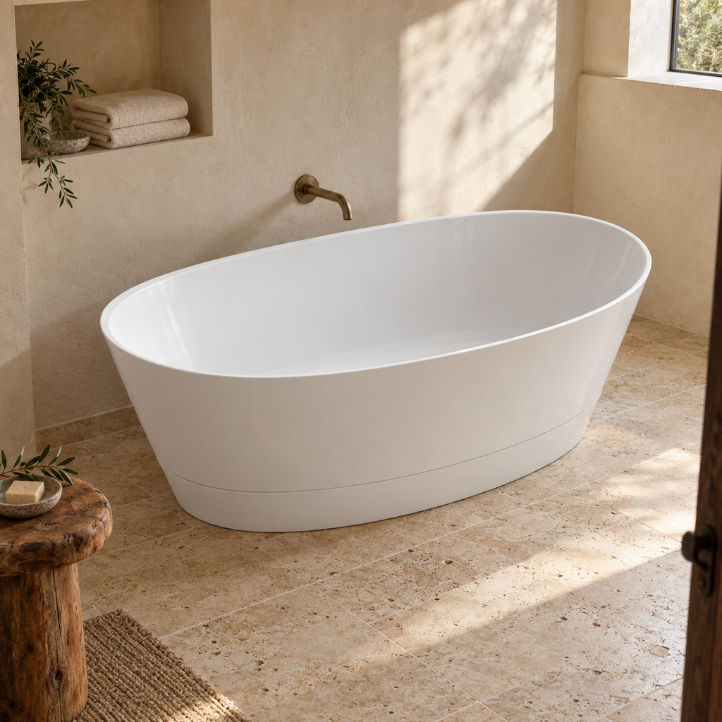 Baignoire îlot Olverton DUO II blanc — vue plongeante en ambiance minérale #Cuve blanche / panneau blanc