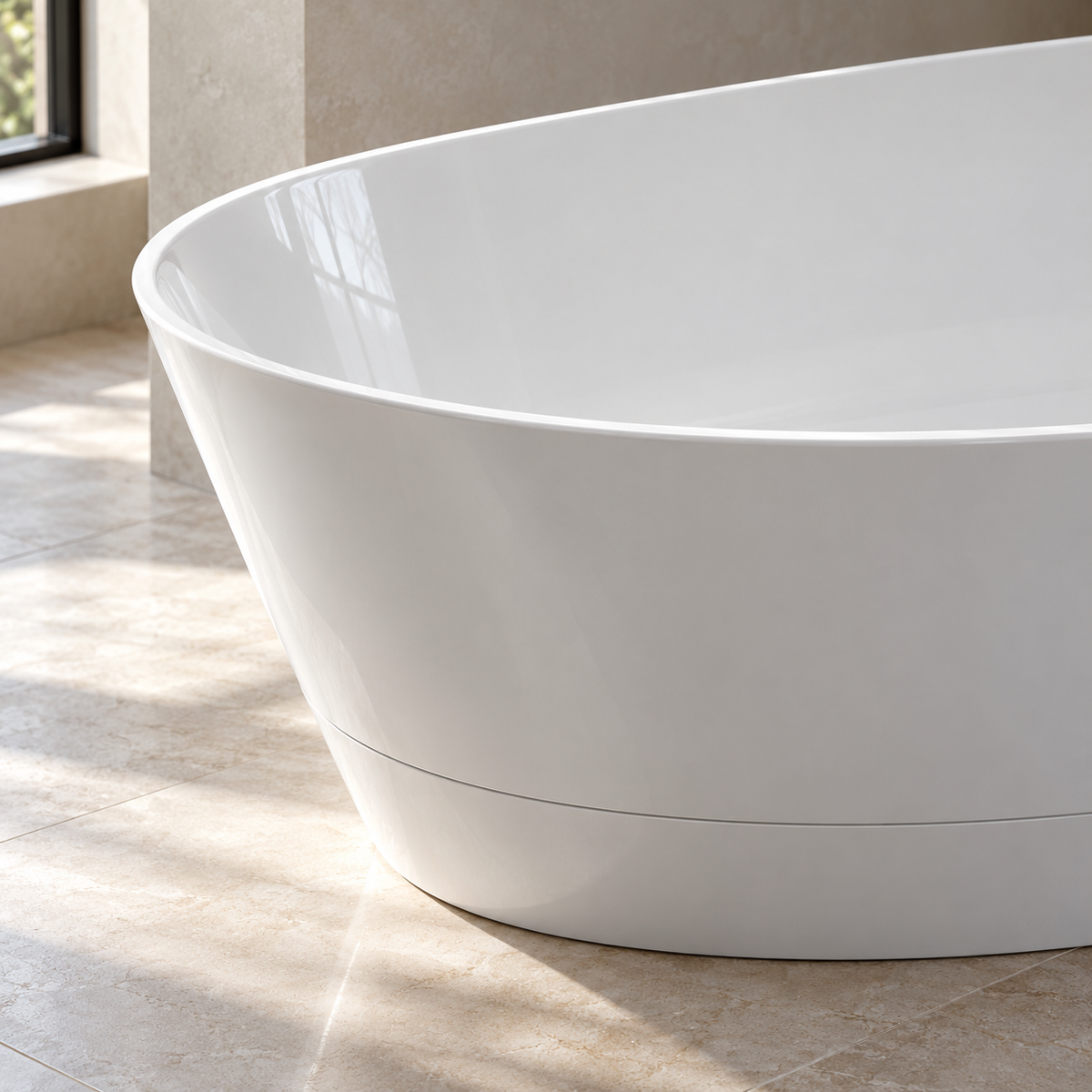 Baignoire îlot Olverton DUO II blanc — détail du rebord et de la finition #Cuve blanche / panneau blanc