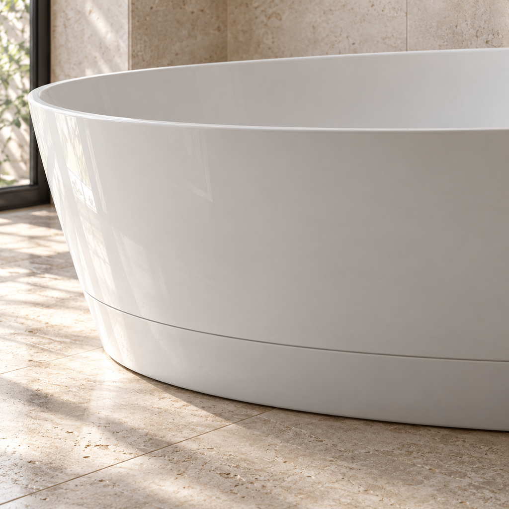 Baignoire îlot Olverton DUO II blanc — détail de la courbe et de la base #Cuve blanche / panneau blanc