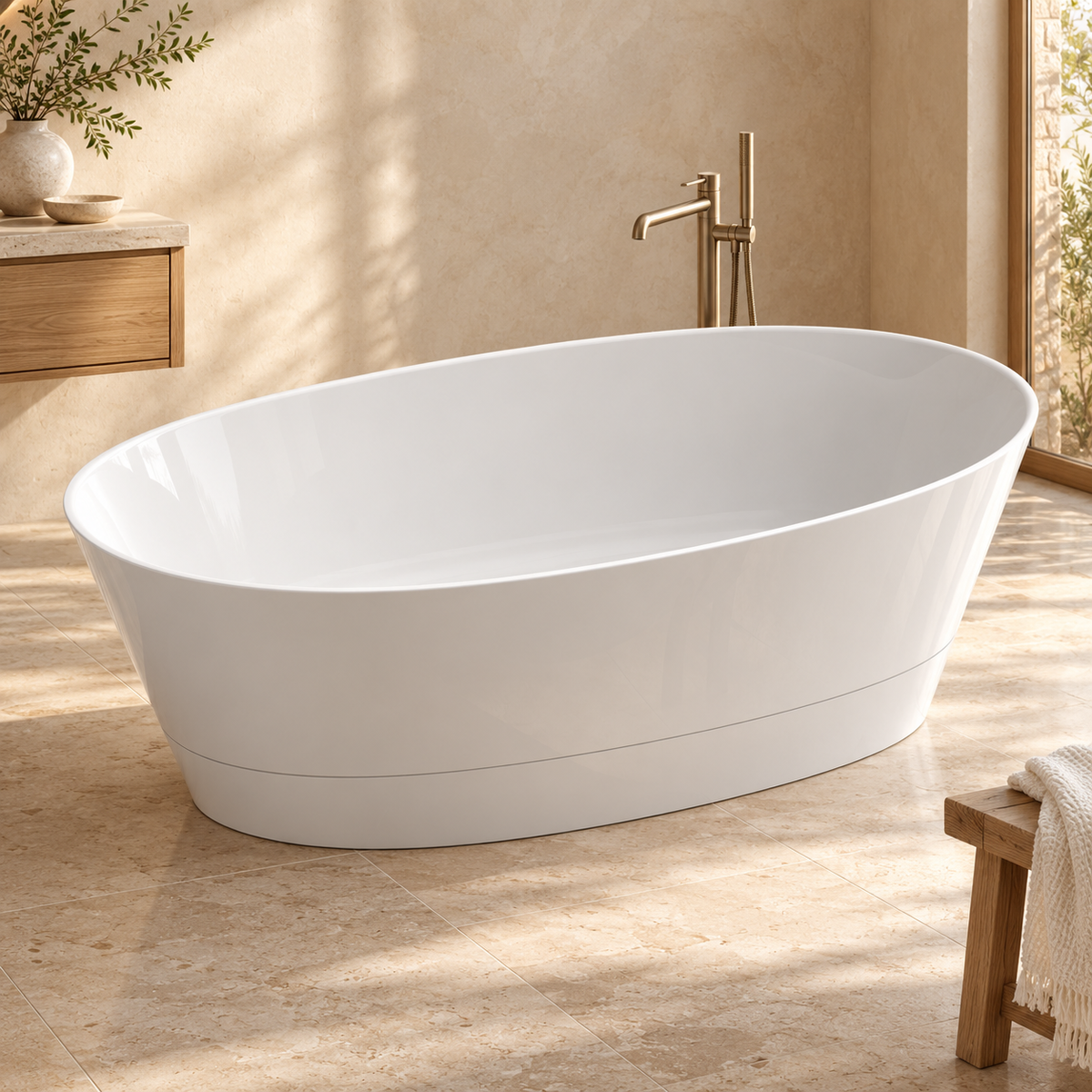 Baignoire îlot DUO II BLANC en MINERALICAST — mise en ambiance Olverton, robinetterie vendue séparément #Cuve blanche / panneau blanc