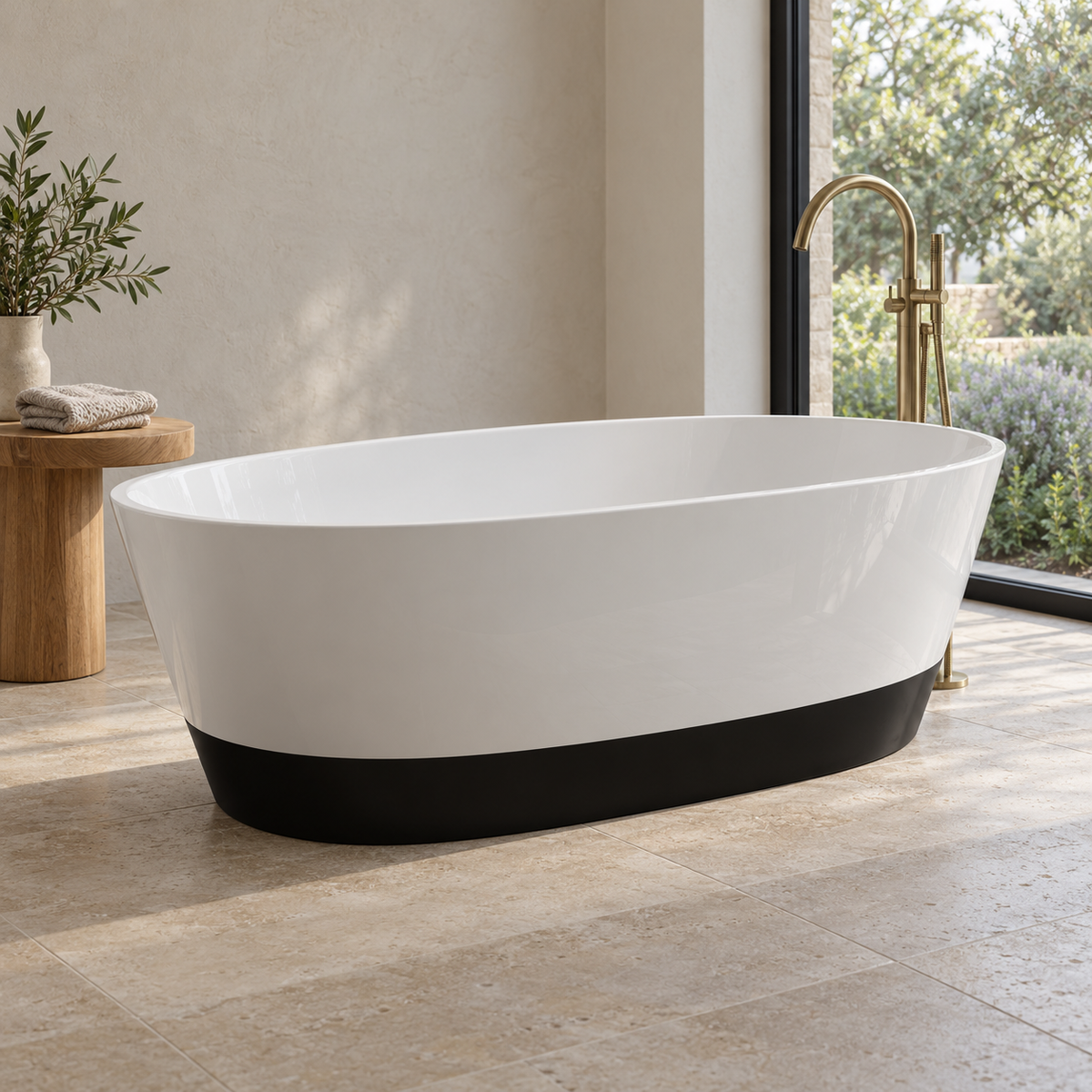 Baignoire îlot Olverton DUO II blanc / panneau noir — profil dans une salle de bain côté jardin #Cuve blanche / panneau noir