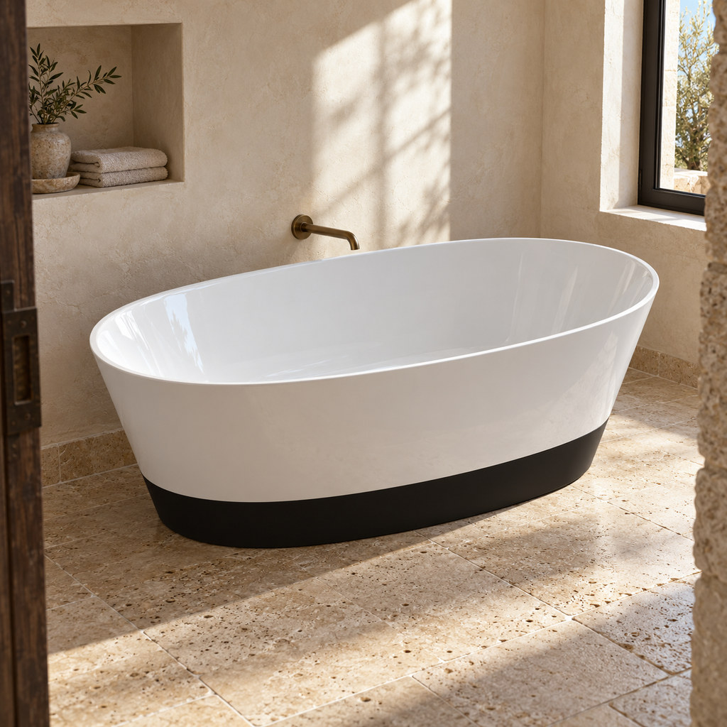 Baignoire îlot Olverton DUO II blanc / panneau noir — vue plongeante en ambiance minérale #Cuve blanche / panneau noir
