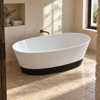 Baignoire îlot Olverton DUO II blanc / panneau noir — vue plongeante en ambiance minérale #Cuve blanche / panneau noir