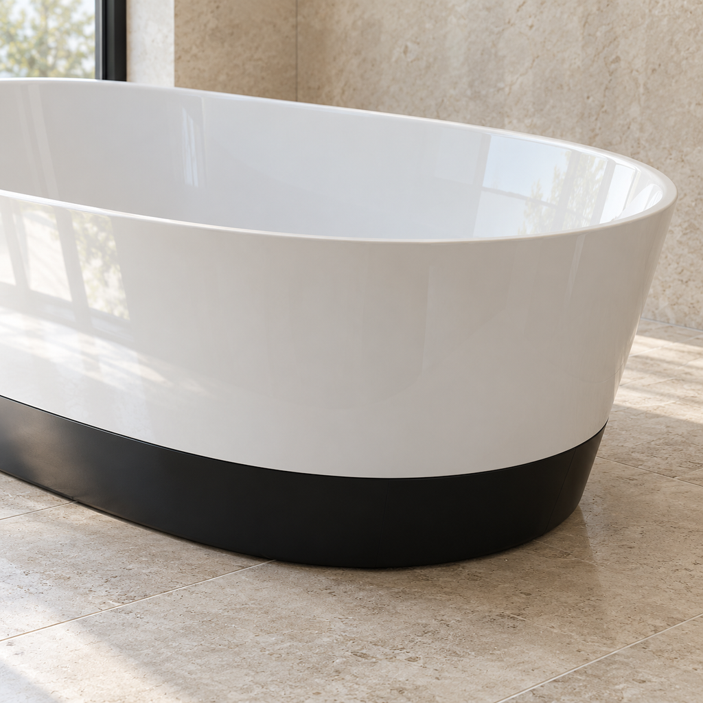 Baignoire îlot Olverton DUO II blanc / panneau noir — détail de la courbe et de la base #Cuve blanche / panneau noir