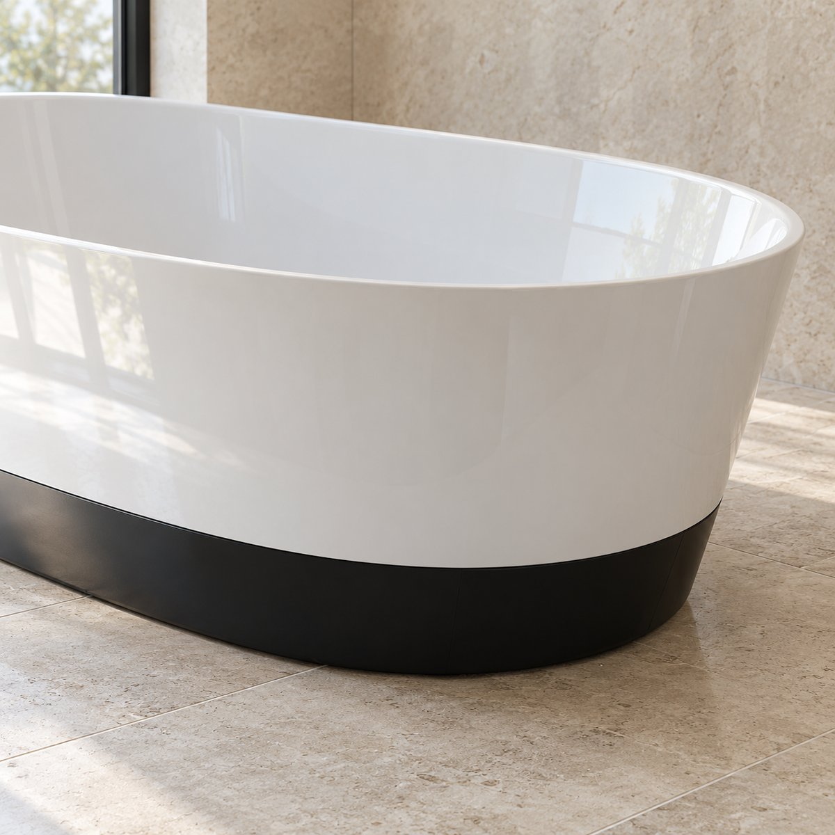 Baignoire îlot Olverton DUO II blanc / panneau noir — détail de la courbe et de la base #Cuve blanche / panneau noir
