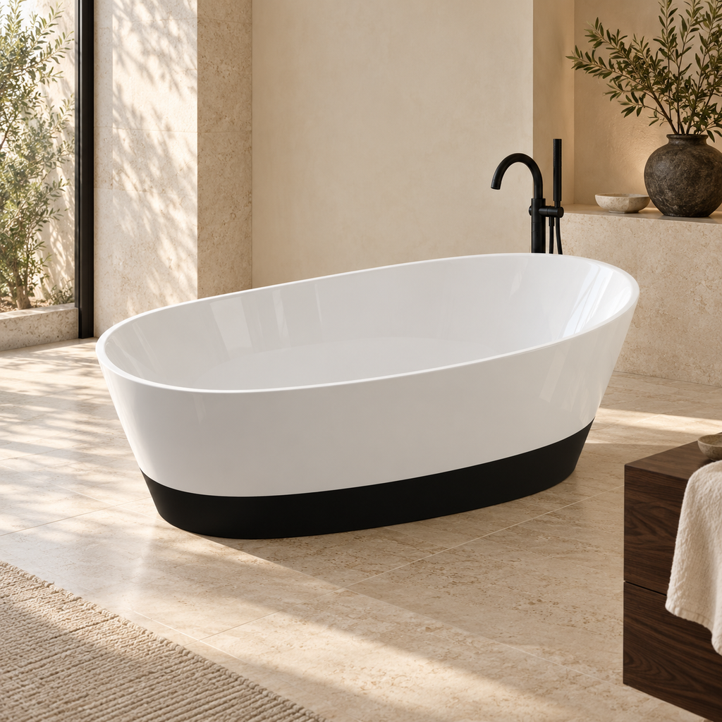 Baignoire îlot DUO II NOIR en MINERALICAST — mise en ambiance Olverton, robinetterie vendue séparément #Cuve blanche / panneau noir