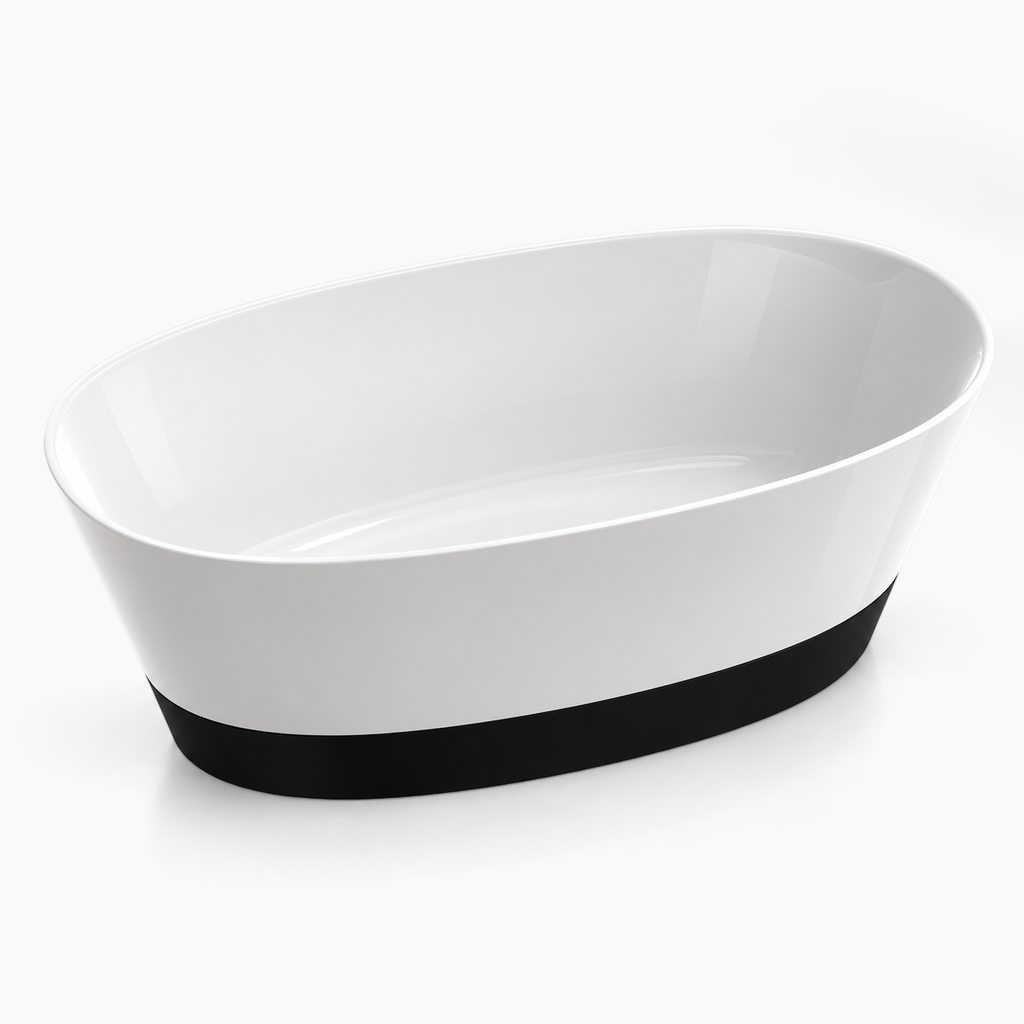 Baignoire îlot DUO II NOIR Olverton — vue studio, finition blanc brillant #Cuve blanche / panneau noir