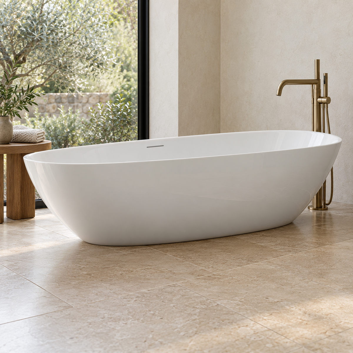 Baignoire îlot Olverton ELLIPSE blanc — profil dans une salle de bain côté jardin