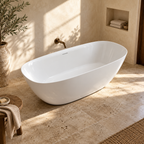 Baignoire îlot Olverton ELLIPSE blanc — vue plongeante en ambiance minérale