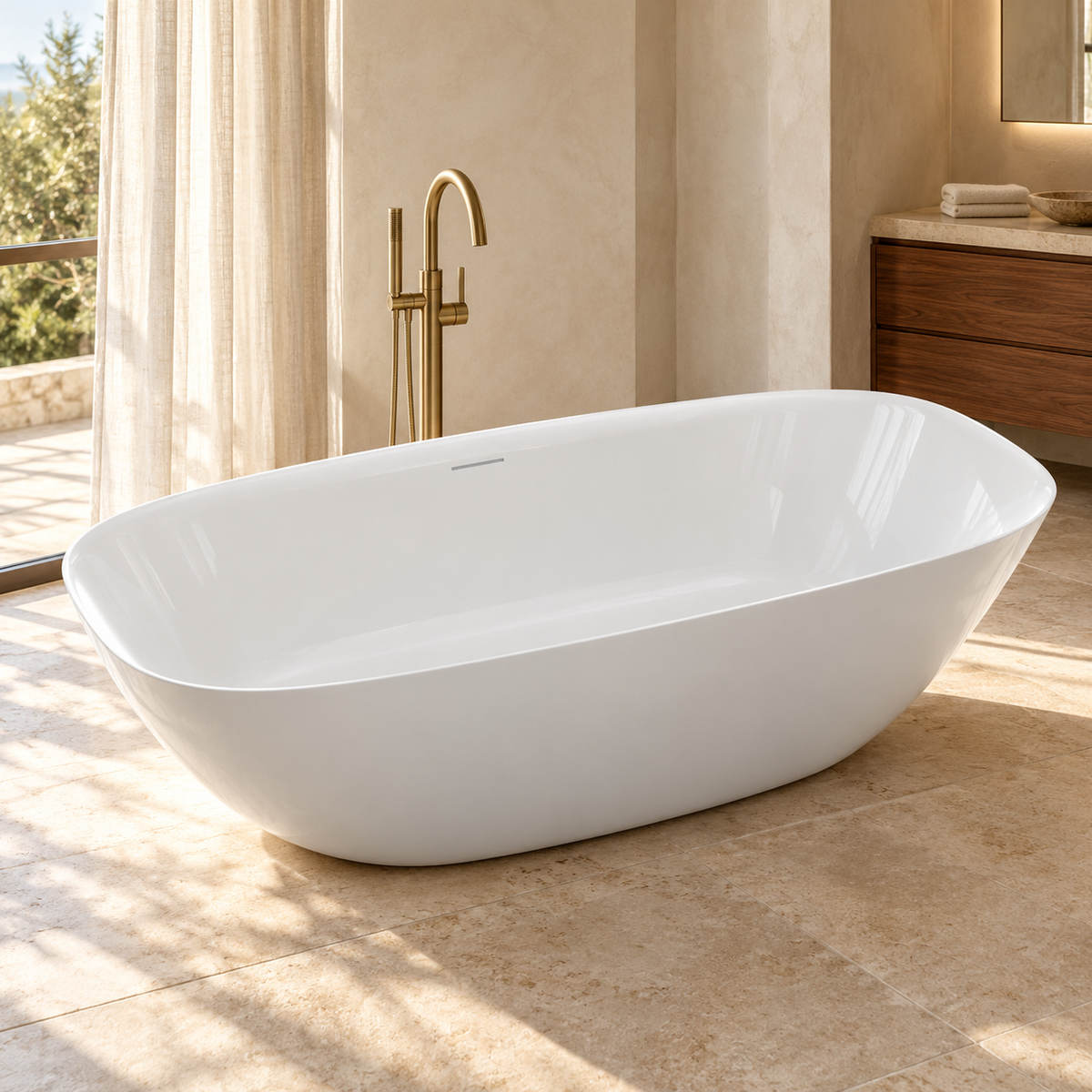 Baignoire îlot ELLIPSE blanche en MINERALICAST, mise en ambiance Olverton, robinetterie vendue séparément
