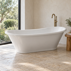 Baignoire îlot Olverton PIA blanc — profil dans une salle de bain côté jardin